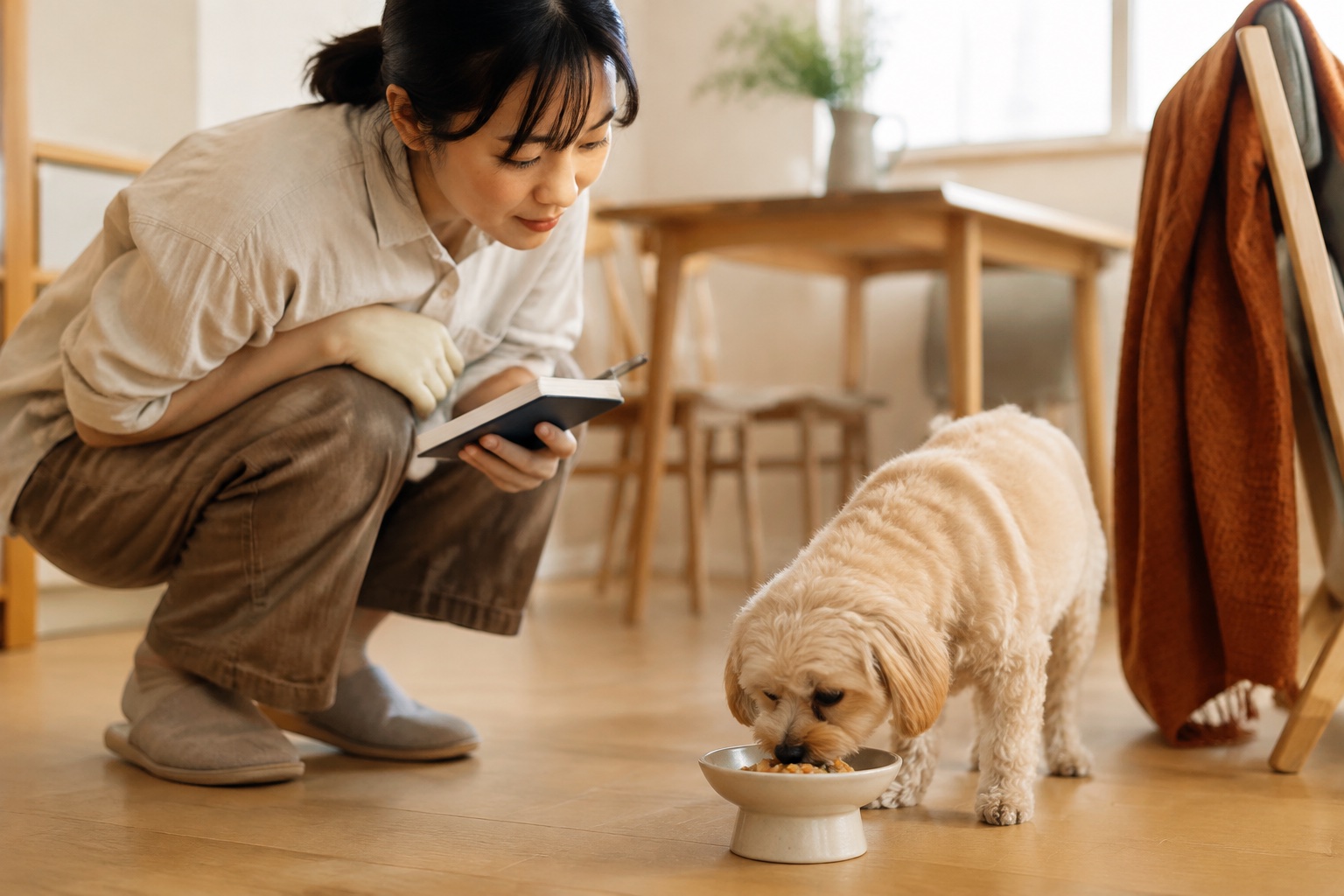 Pet parent observing her dog eating a fresh meal and noting its appetite