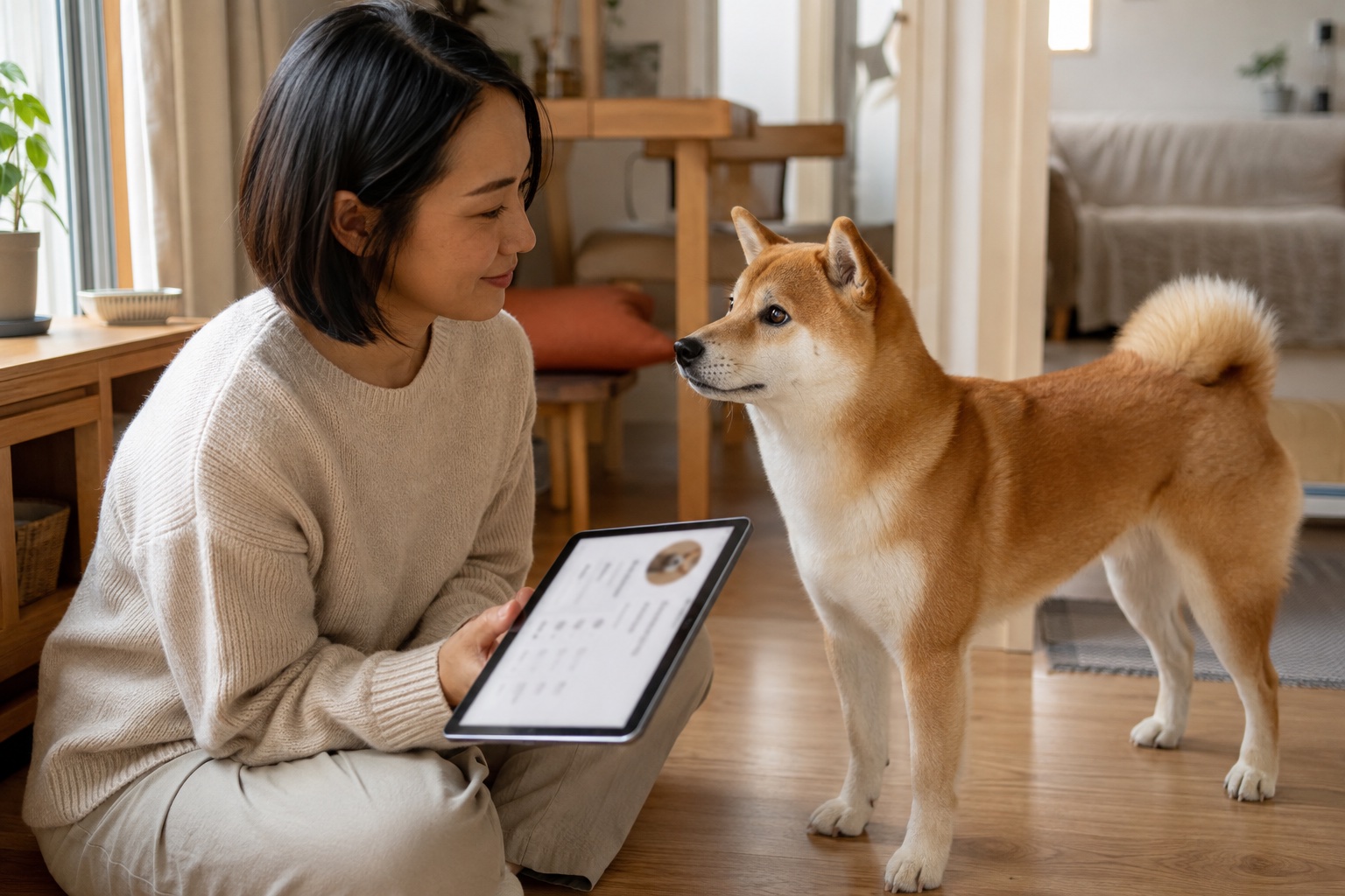 Pet parent reviewing a dog profile on a tablet beside her Shiba