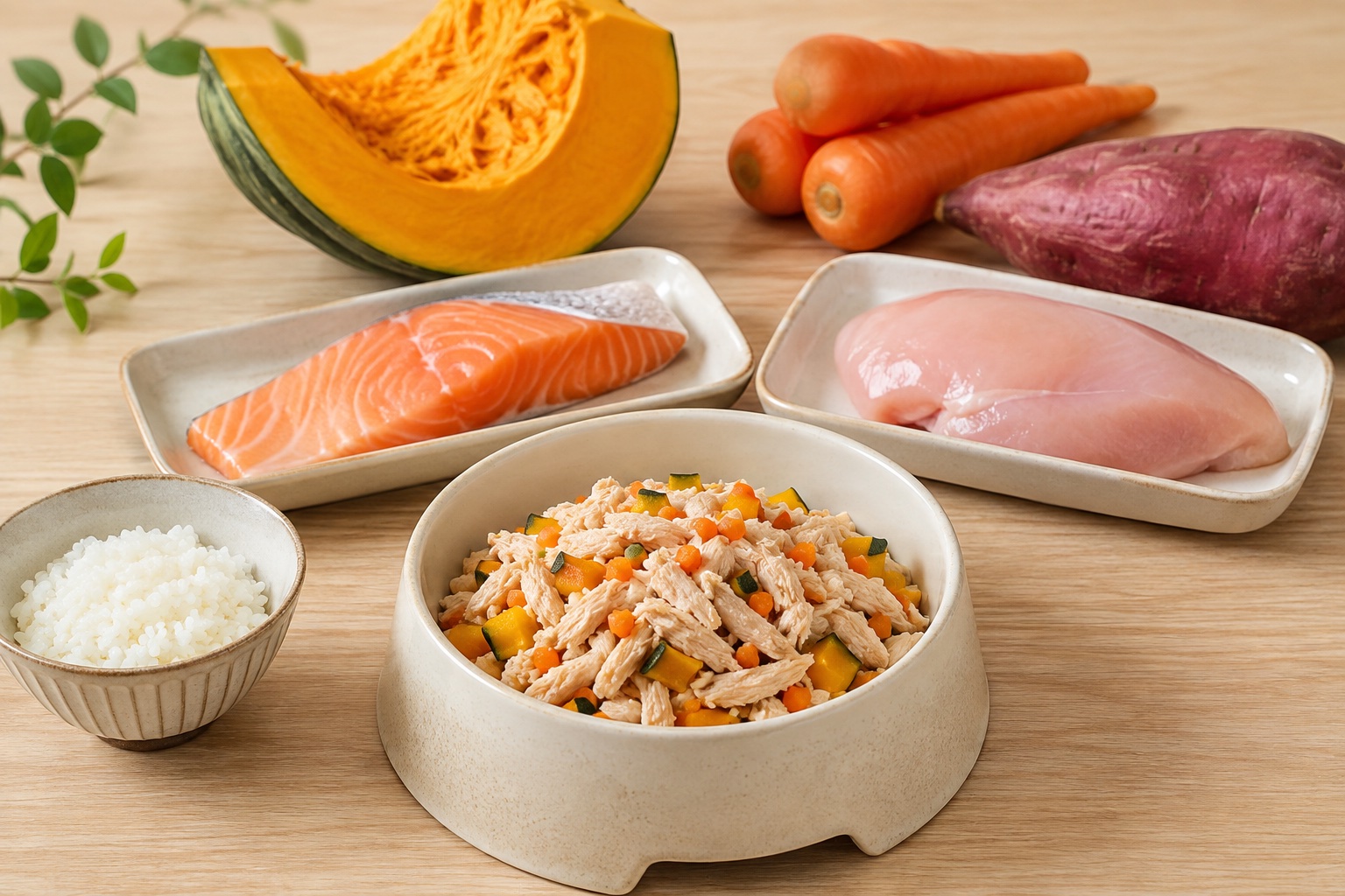 Salmon, chicken, pumpkin and carrots beside a bowl of cooked fresh dog food