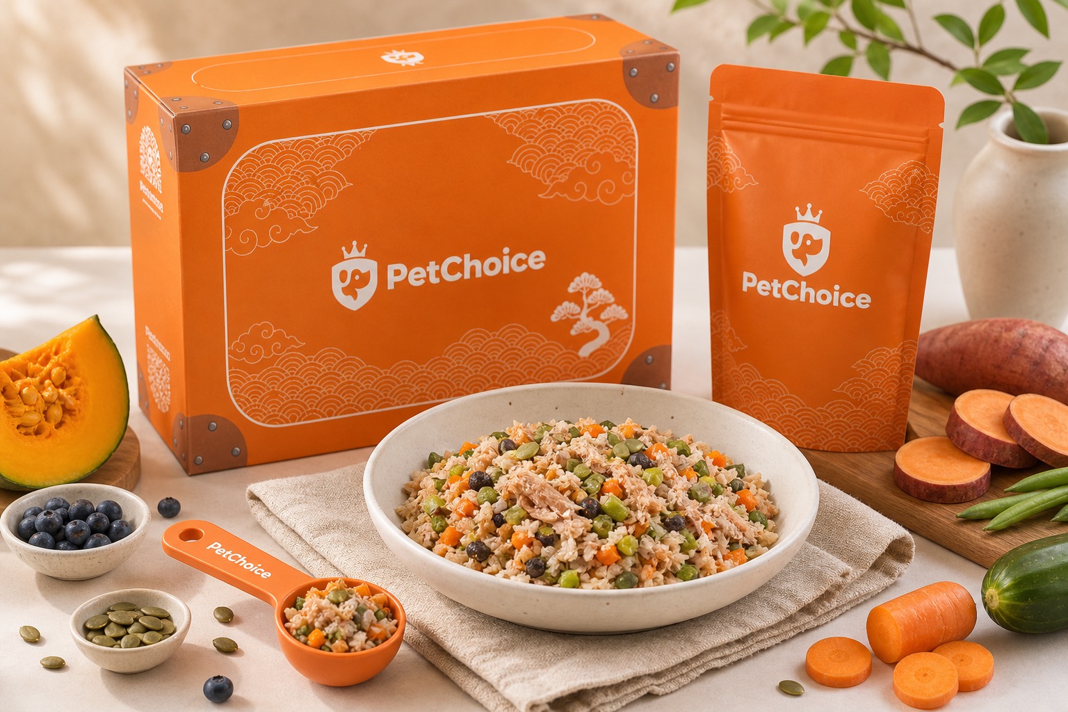PetChoice fresh dog food packaging with prepared meal bowl